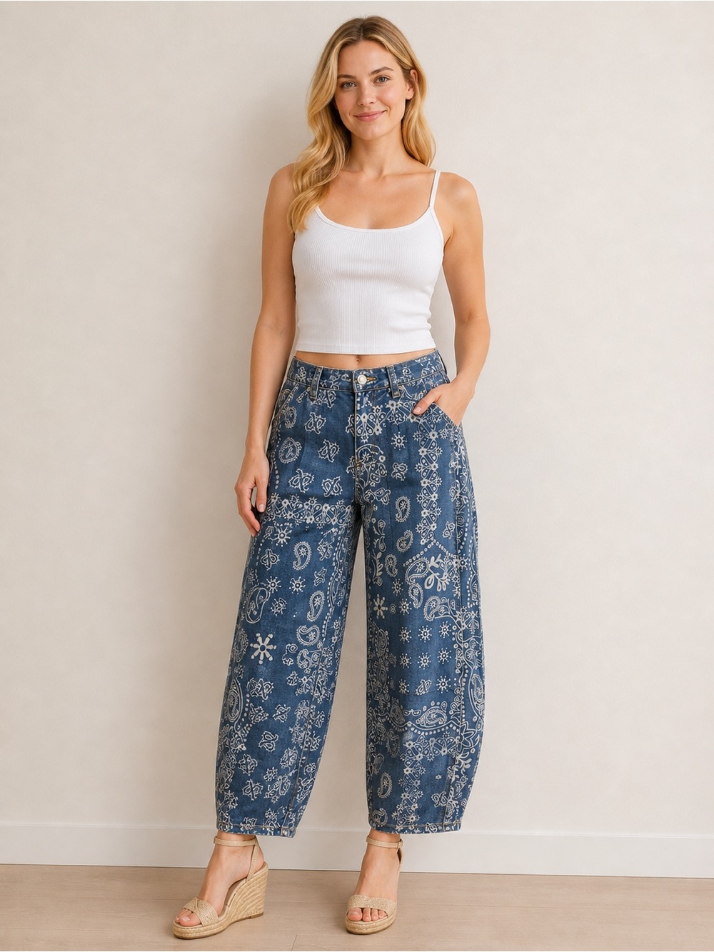 Loveimgs Wide Leg Bandana Print Jeans - Blue Size M